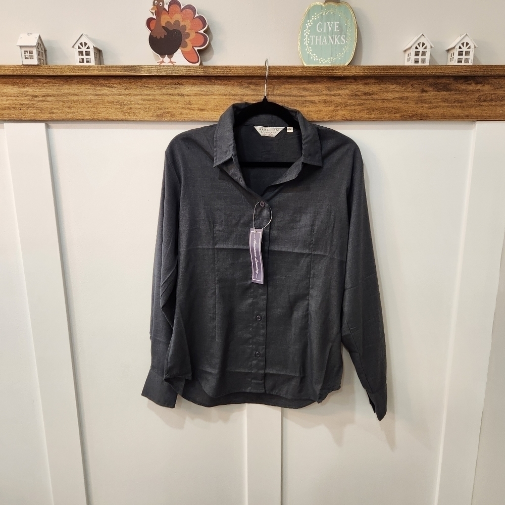 NWT Womens American Laundry Button Down Long Sleeve Shirt Blouse Dark Gray S